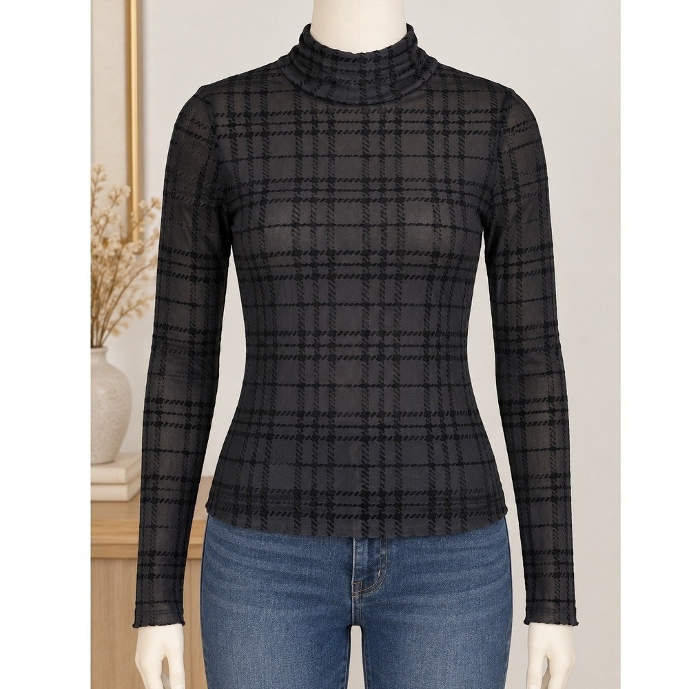 Parker Black Flocked Velvet Burnout Plaid Mesh Mock Neck Long Sleeve Top XS Fall